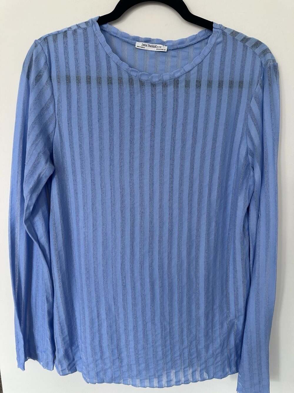Zara Trafaluc Light Blue Striped Long Sleeve Crewneck Top